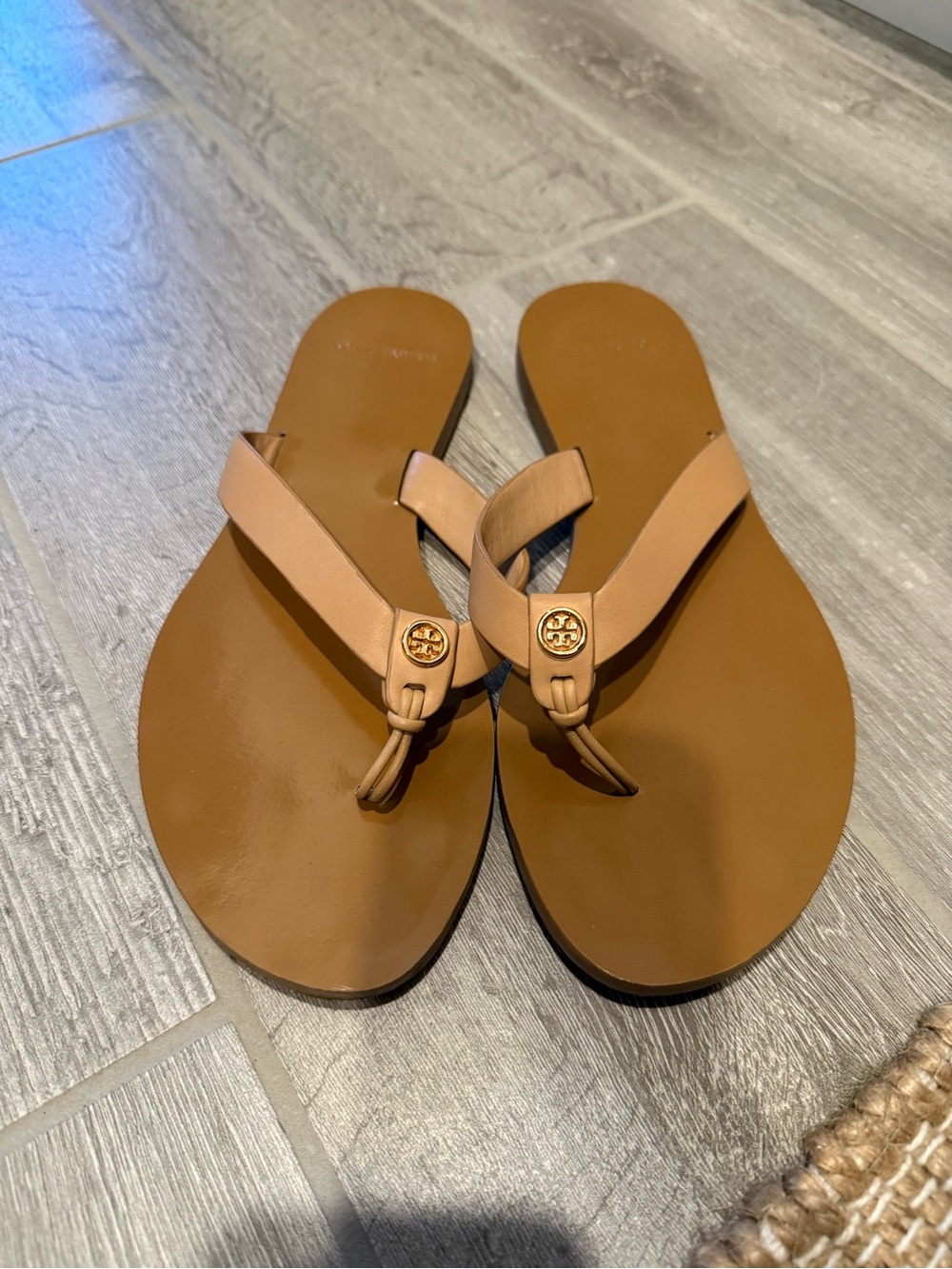 Tory Burch Tan Leather Logo Thong Sandals with Gold Emblems